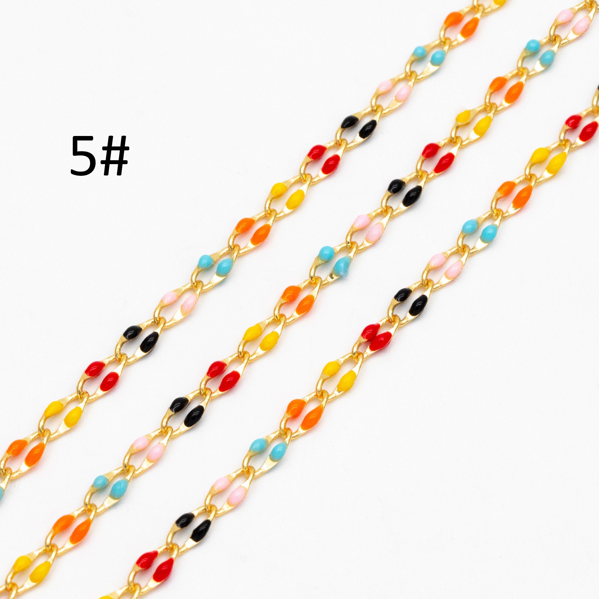 Mix Color Enamel Curb Chains 3mm, Real Gold Plated Brass, DIY Jewelry Findings (#LK-606)/ 1 Meter=3.3 ft